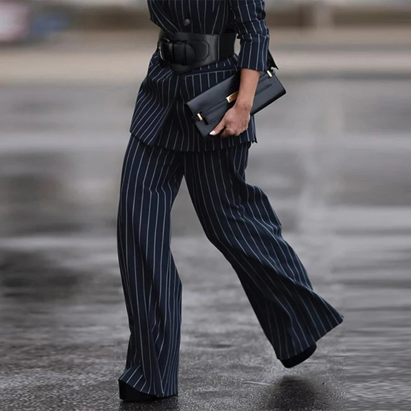 Women's Spring Fall Business Office Suit Pants 2025 New Striped Female Long Loose Wide Leg Printed Deep Blue Trousers for Ladies