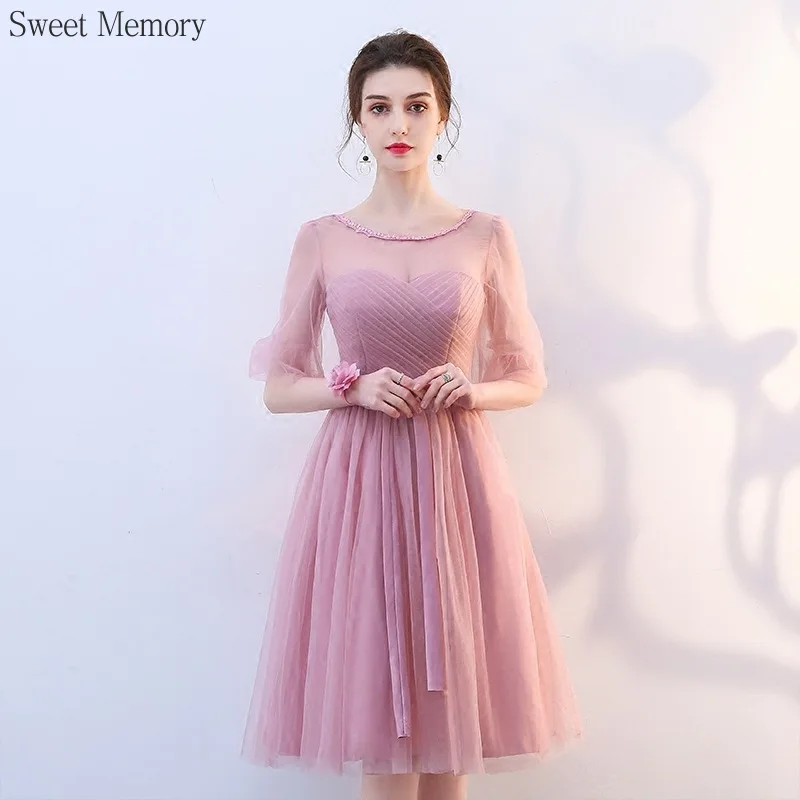 Vestido de dama de honra curto rosa, Doce Memória, Joelho Tulle Net, Vestido de Graduação, Noiva, Irmãs, Vestidos de Casamento, 6 Estilos, F79