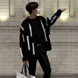 Men's Clothing Cardigan Knit Sweater Male Black Striped Korean Autumn Clothes V Neck Best Selling Products 2025 Y2k Streetwear A