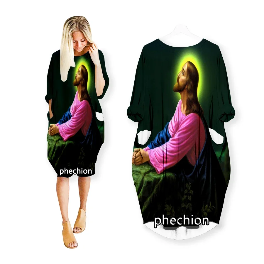 

phechion New Jesus Christ 3D Print Fashion Dresses Casual Mid-length Dress Women Clothing Pocket Long Sleeve Tops R96