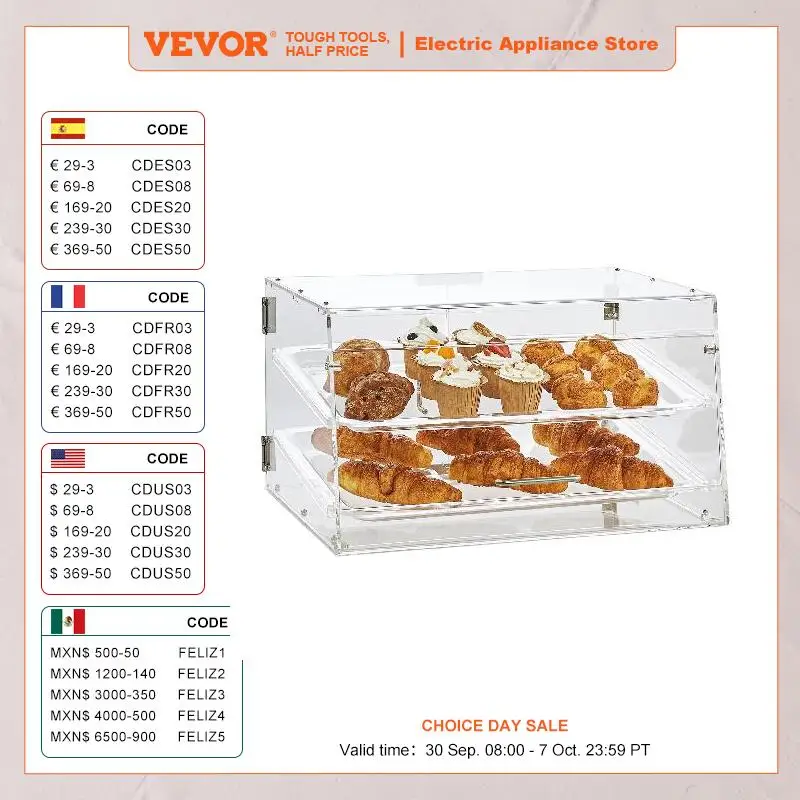 VEVOR 2/3-Tier Commercial Acrylic Pastry Bakery Display Case with Rear Door Access & Removable Shelves for Donut Bagels Cake