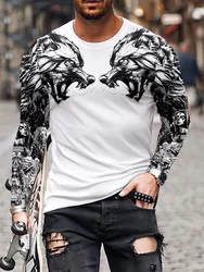 2024 New Wolf Print Men's Top Autumn And Winter Daily Casual Men's Long-sleeved T-shirt Street Fashion Men's Long-sleeved Top