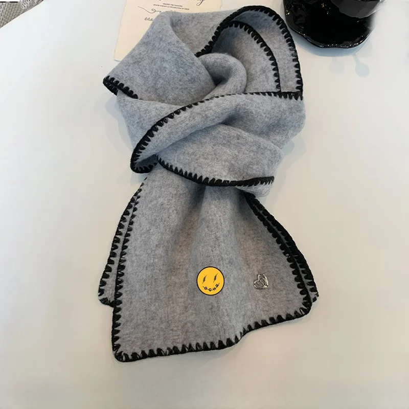 カラーブロックウールブレンドニットスカーフ女性の冬暖かいソフトネックウォーマー韓国スタイル厚みのある長方形ピュアカラーユニセックス