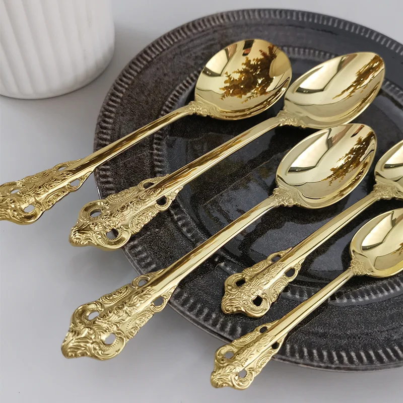 Luxury Golden Spoon Vintage Coffee Spoon Stainless Steel Mini Teaspoons Sugar Dessert Spoon Ice Cream Soup Spoon Kitchen Tools