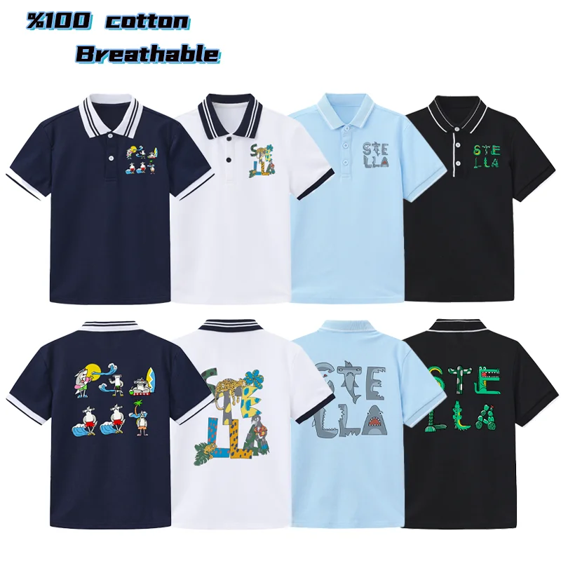 fashion Fun prints Boys polo shirt kids summer clothes cotton Shark letters graphics short sleeve child lapel Tops casual wear