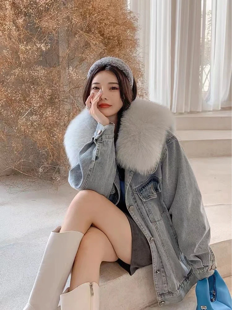 

Hot Sales New Denim Parka Rex Rabbit Fur Lining Natural Fox Fur Collar Navy Fur Coat Medium Length Female Autumn Winter Jacket