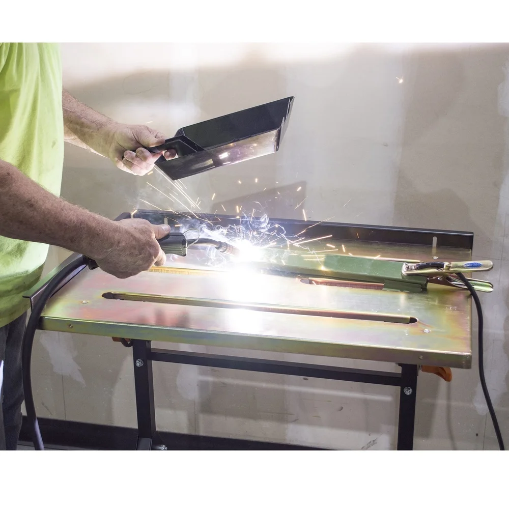 Adjustable Flameproof Steel Welding Table with Retractable Edge Guides Heavy Duty Metal Frame 330 lbs Capacity Portable Work