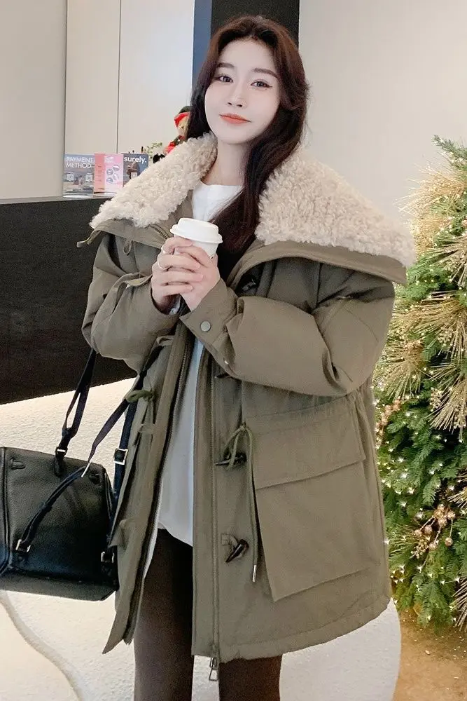 

Winter Shawl Collar Parka Puffer Jacket Women's Knee Length Military Style Plush Fleece Lined Insulated Thickened Coat​​