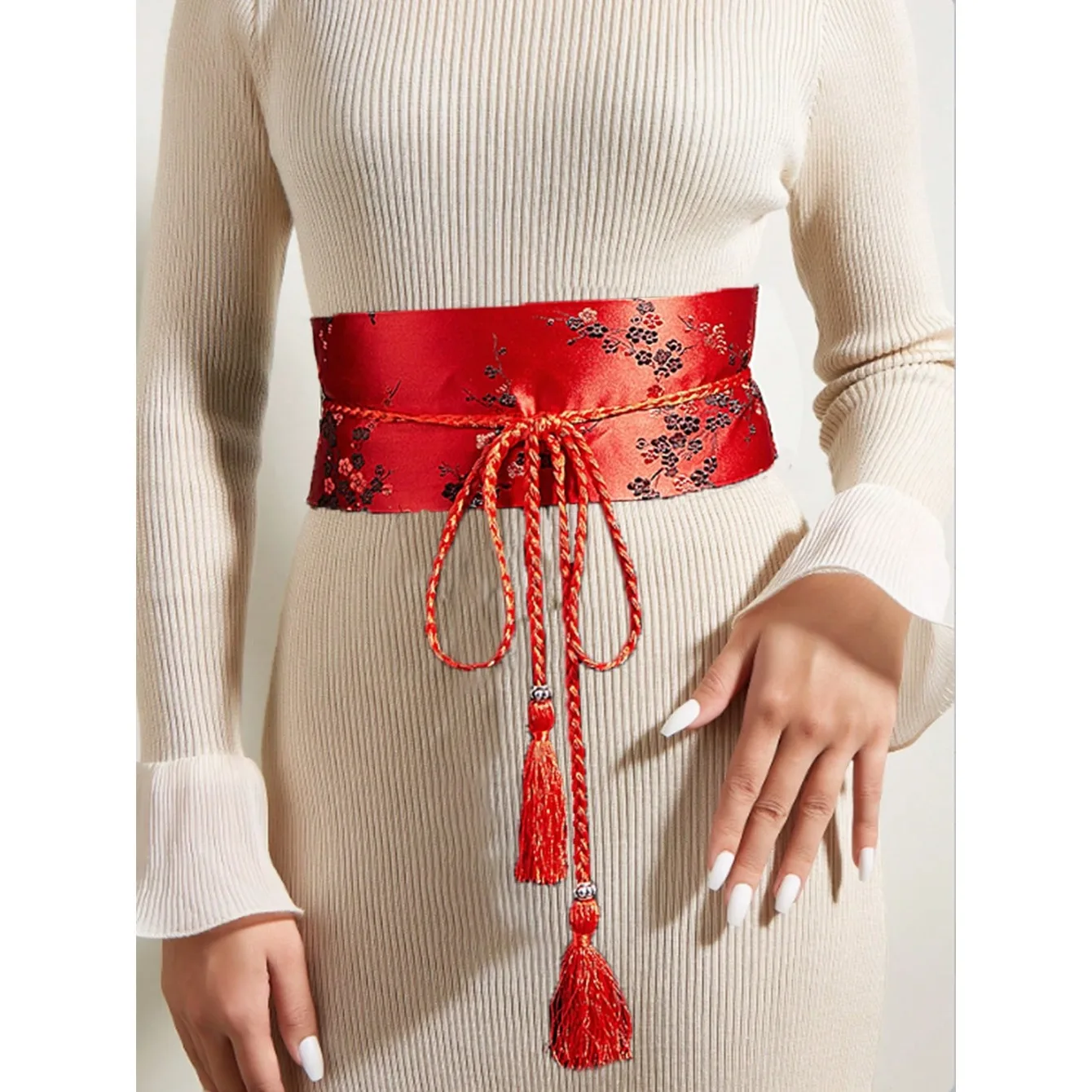 Women's Elegant Embroidered Red Chinese Style Sash Belt Decorative Waist Band To Pair With Knit Dress