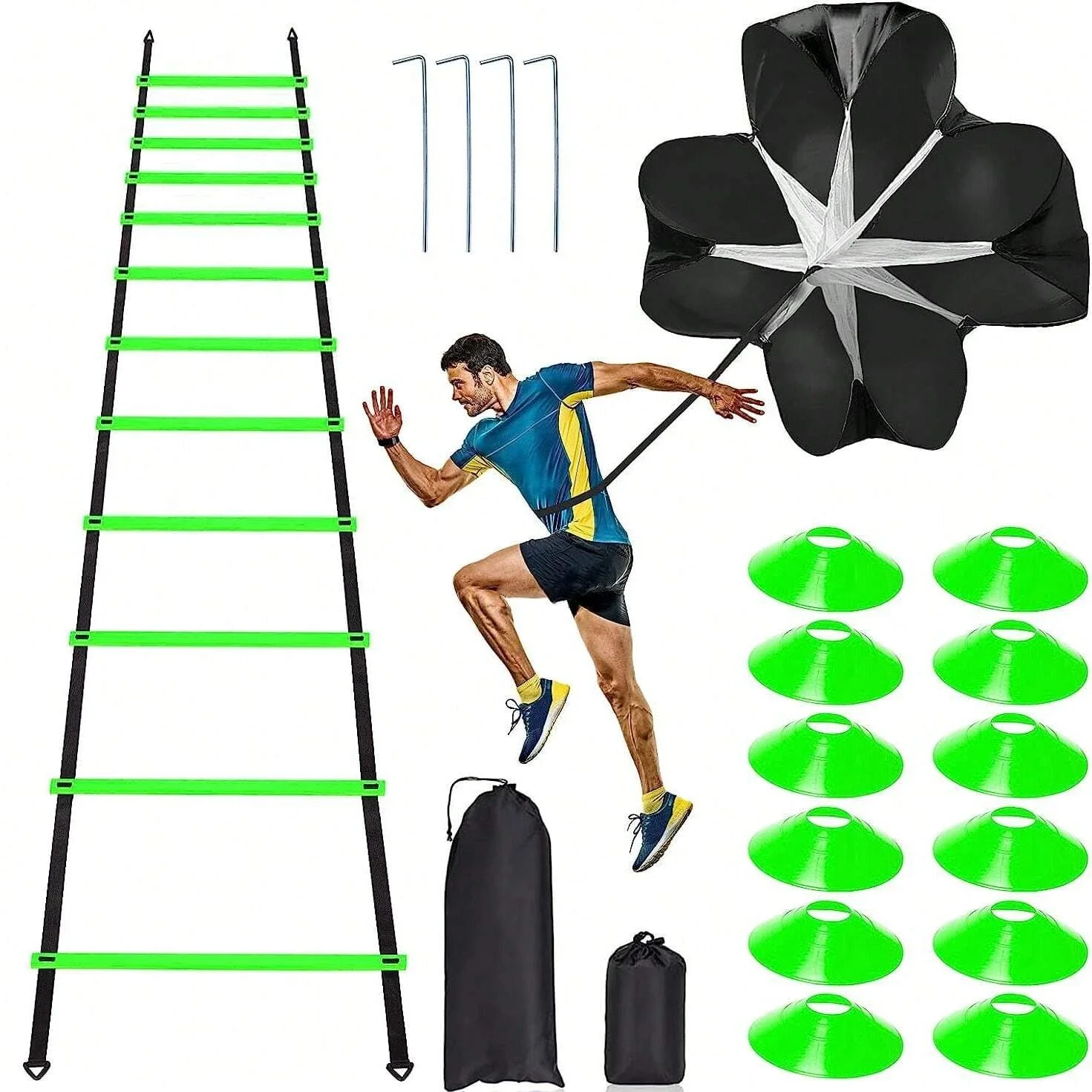 

Pro Speed & Agility Training Set— Includes 12 Rung 20ft Agility Ladder , 12 Disc Cones, 4 Steel Stakes, 1 Resistance Parachute