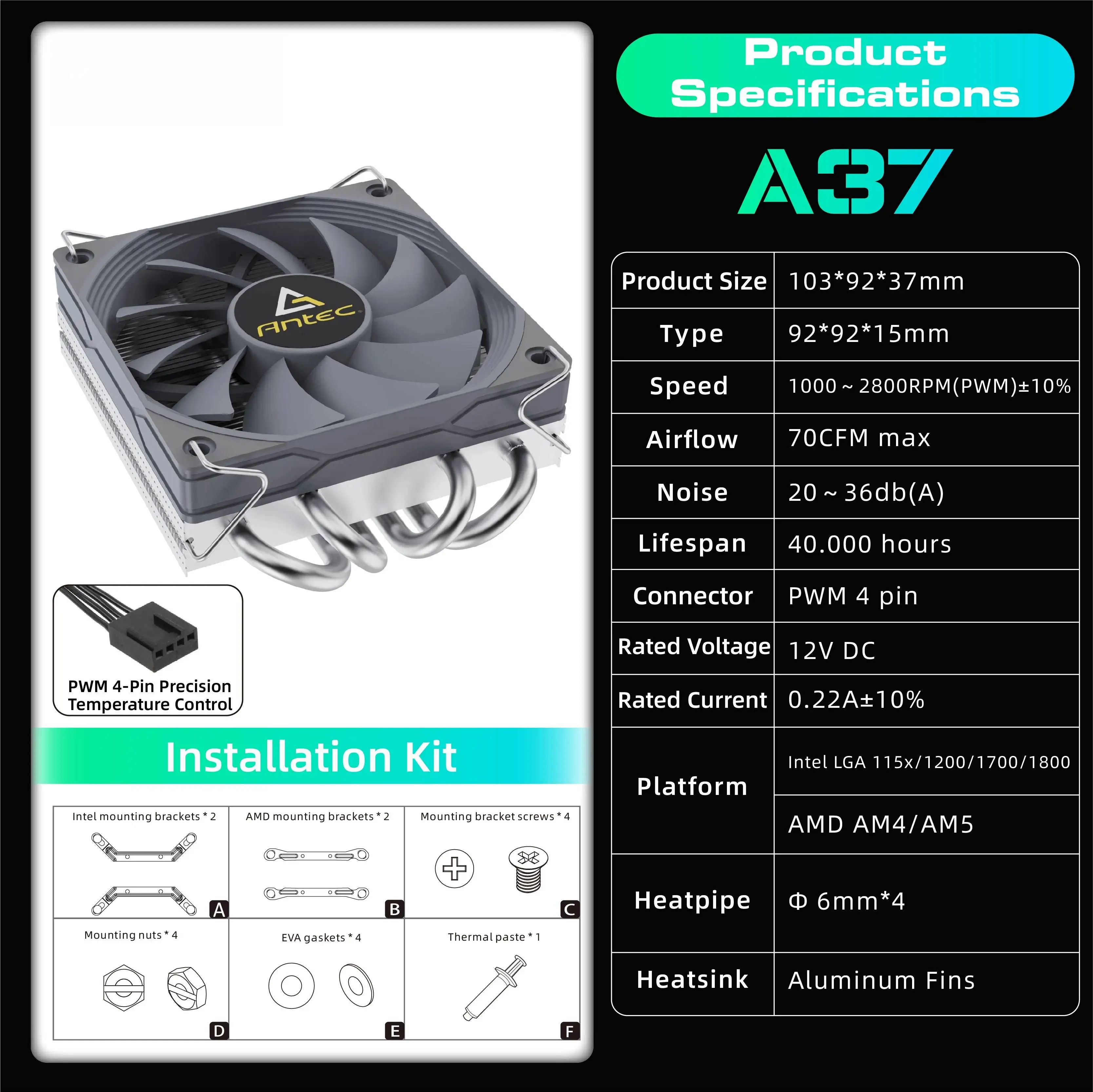 Antec 92mm PWM Fan ITX Low Profile CPU Cooler A37 A45 Radiator 130W-TDP for Intel/AMD 12.8W/m.K Paste,I5-12400F/Ryzen-7500F