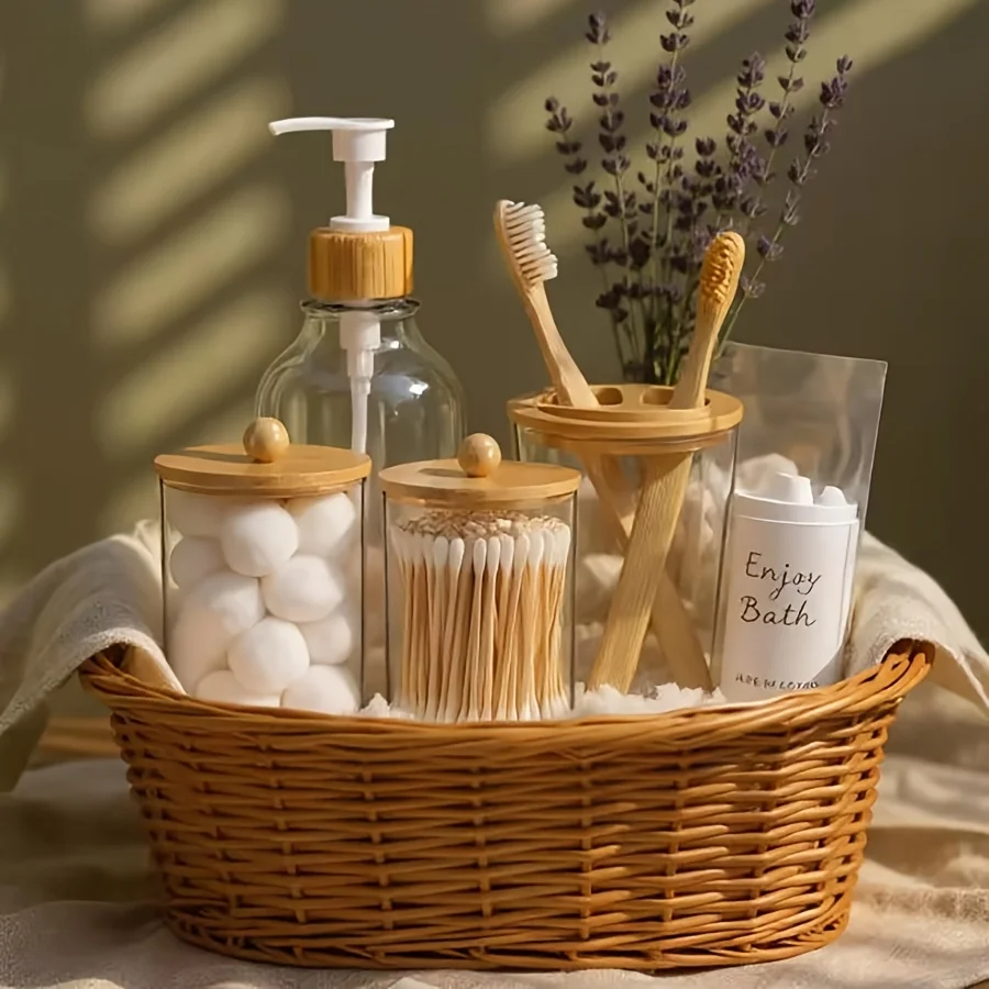 Boho Bathroom Accessories Sets Complete Bathroom Canister Accessory Set 4 Pcs, Clear Bath Soap Dispenser and Toothbrush Holder