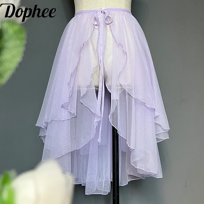 

Dophee Original Lace-up Double Layered Waves Overskirt Irregular Ruffles High Waist Fairy Skirt Solid Jsk Lolita Mesh Skirt