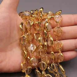 APDGG  1 Meter Natural Yellow Citrine Gold Plated Copper Fashion Bezel Set Chain Paperclip Neck Chain Pearl Necklace Making DIY