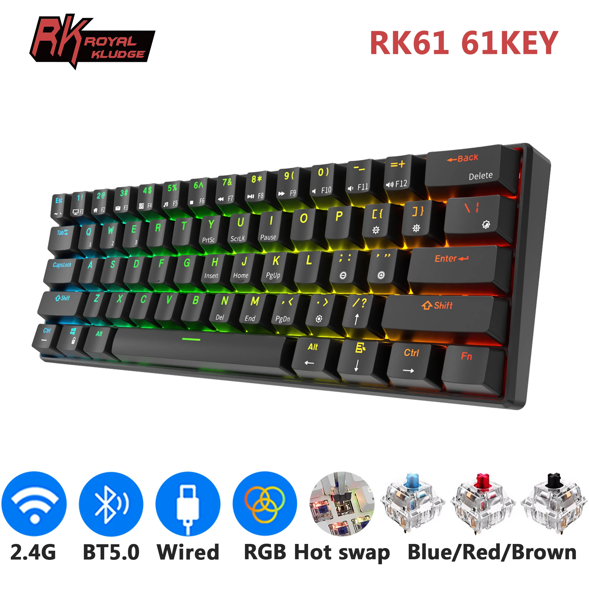 

RK ROYAL KLUDGE RK61 Tri-mode BT5.0/2.4G/USB Mechanical Keyboard 60% 61 Keys RGB Hot-swappable Bluetooth Wireless Gamer Keyboard