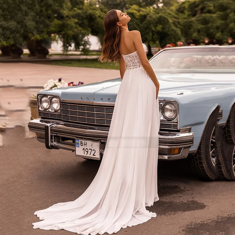 Vestido De novia De novia De playa sin tirantes De gasa con abertura Sexy sin espalda Apliques De encaje Vestido De novia tren Vestido De novia personalizado