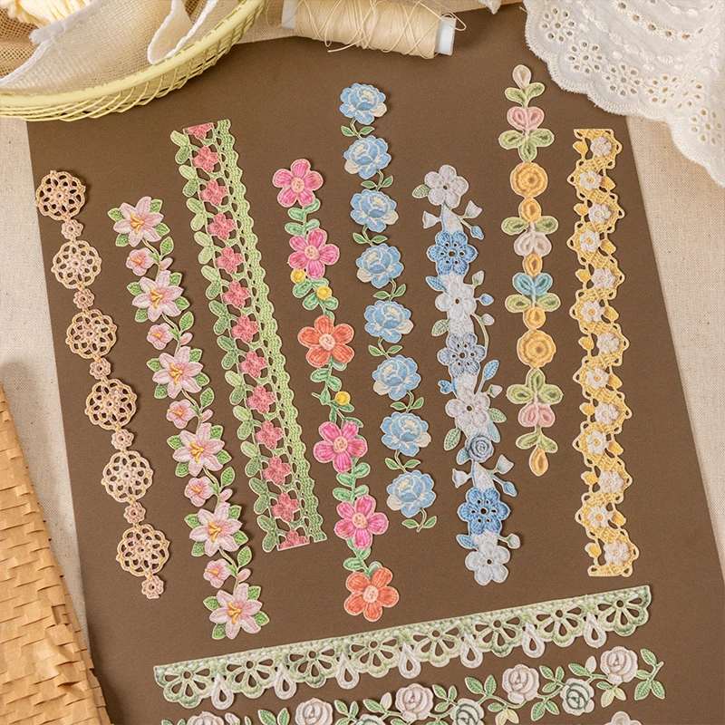 Journal GO 10pcs Simulated Crochet Stickers, Long Strip Hollow Floral Decals for Junk Journals Scrapbooking Planners & Crafting