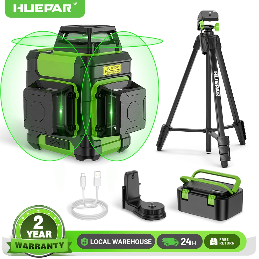 Huepar 3D Laser-Nivelliergerät Osram Grüner Strahl Selbstnivellierender Kreuzlinienlaser-Set mit Magnethalterung und 1,5 Meter Stativ