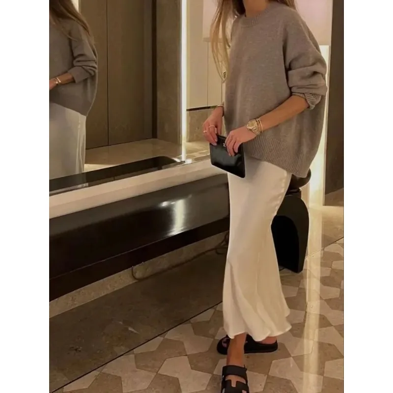 1pcs Black Satin Skirt Women's High Waist Elegant Skirt, Fashionable Maxi Skirt Office Ladies Skirt