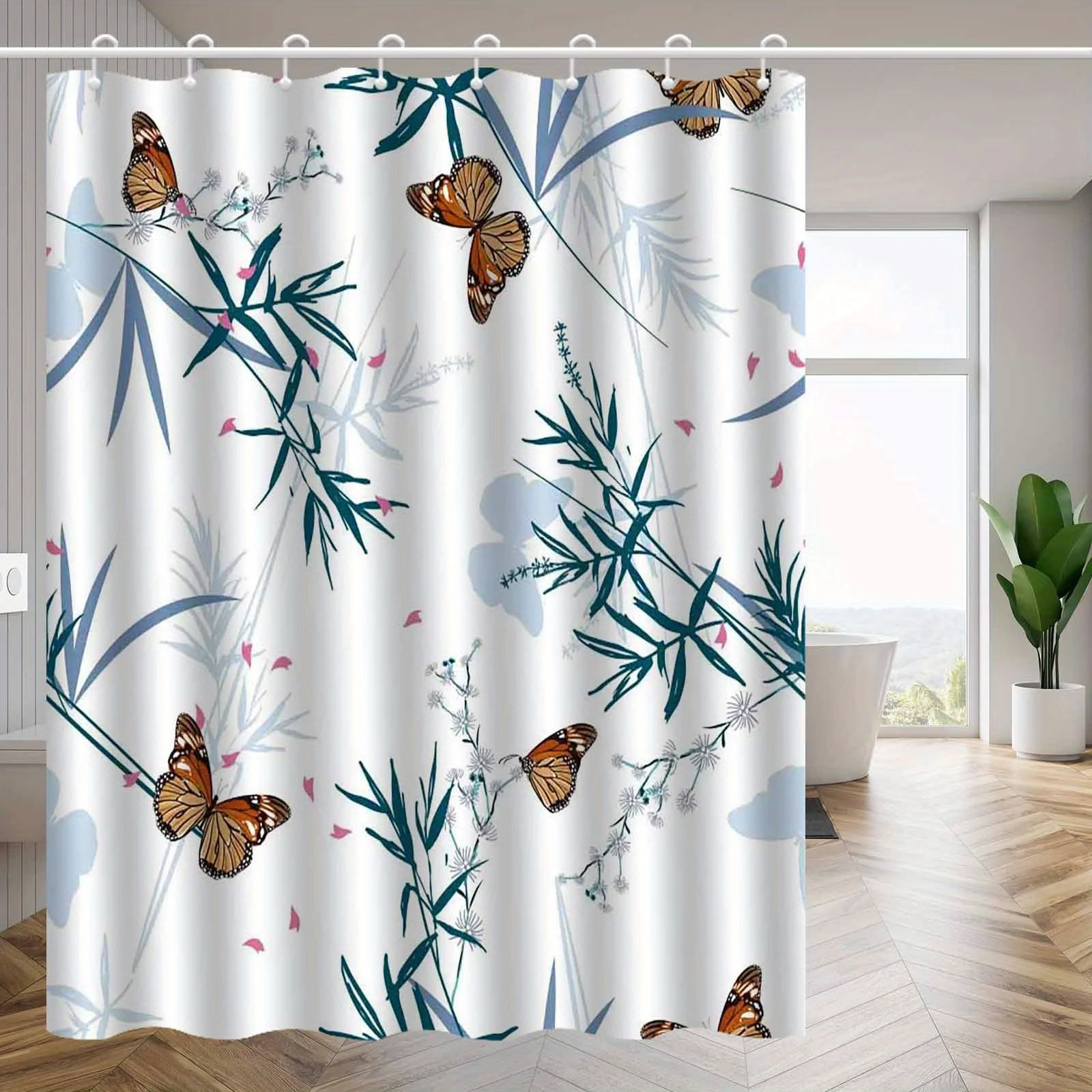 

1 шт. элегантная бамбуковая садовая занавеска для душа с цветочным принтом и бабочкой, полиэфирная ткань, можно стирать в машине, подходит для украшения ванной комнаты