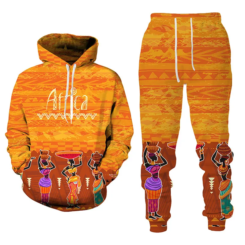 Ensemble de survêtement imprimé africain 3D pour hommes et femmes, sweats à capuche et pantalons décontractés, tenues de couple, Vintage, Hip Hop,