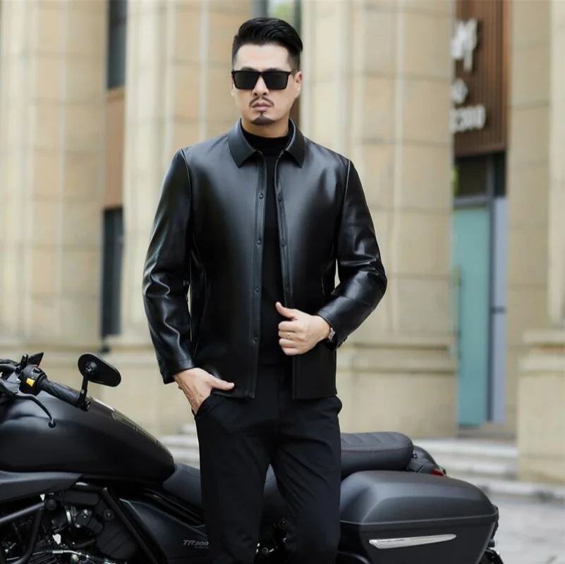 

Spring and Autumn Men's Genuine Leather Polo Mock Neck Jacket Fashion Slim Sheepskin Coat Black Brown Leather Jacket