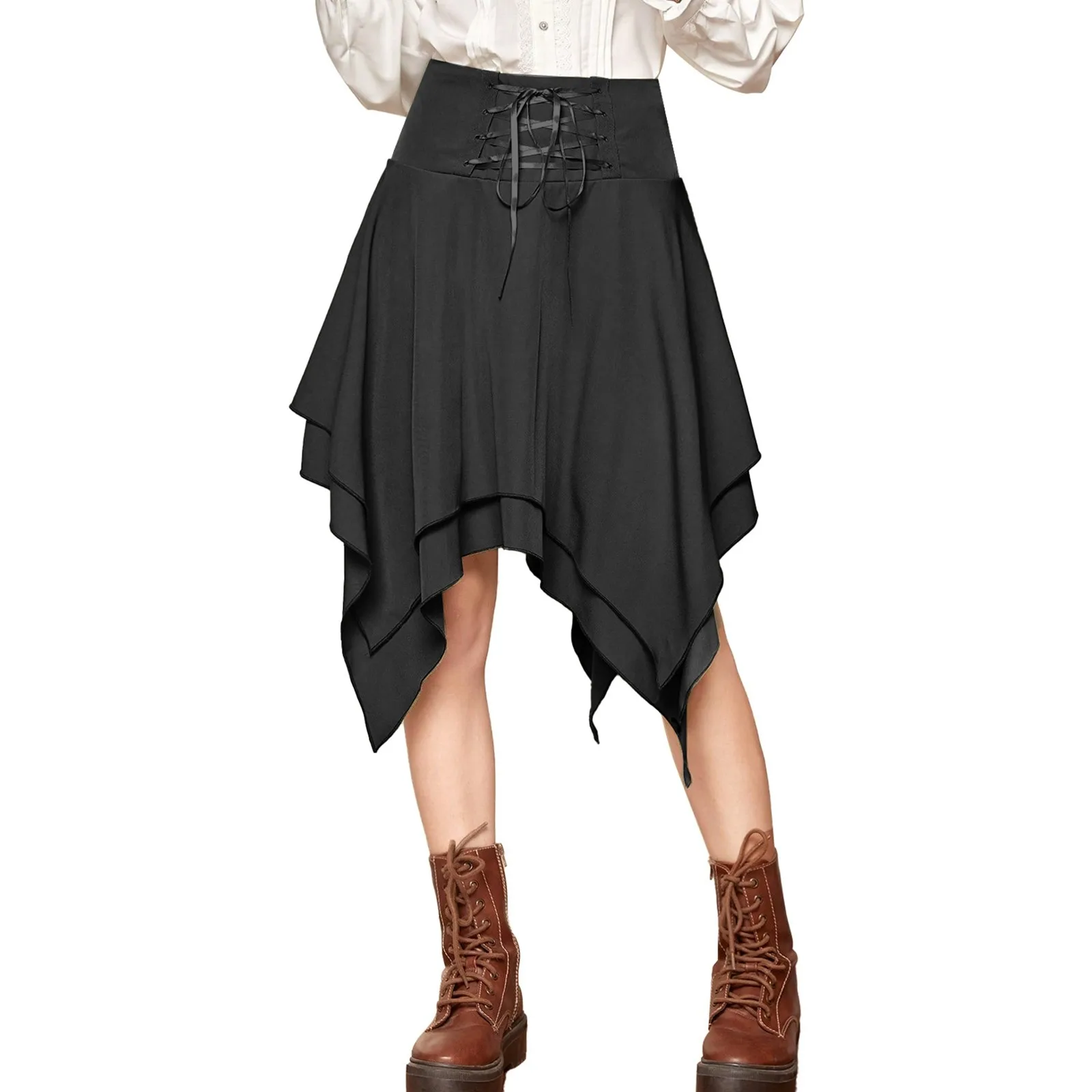 New Border Halloween Costume Fashion Hot Style Gothic  Irregular Ruffled Lace Up Cosplay Skirt For Women Drawstring Skirt