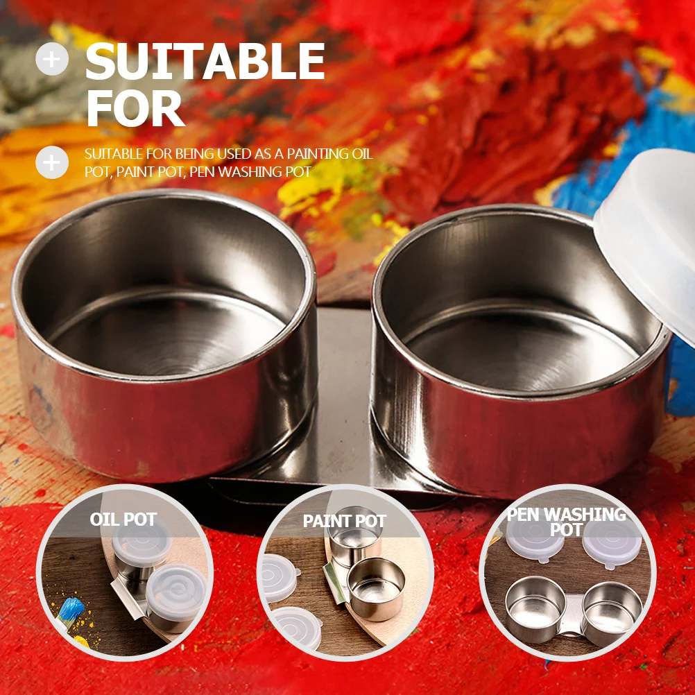 

2Pcs Painting Brush Washing Pot Stainless Steel Oil Color Pot with Lids Pen Cleaning Container for Art Supplies