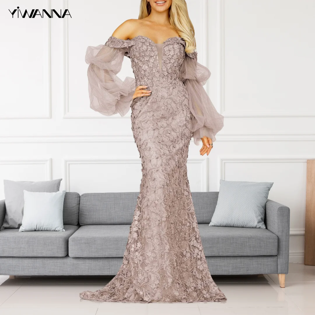 Off-Shoulder Sheer Sleeves Evening Gown Mermaid Wedding Party Dresses Lace Appliques Mother Of The Bride Groom Customized