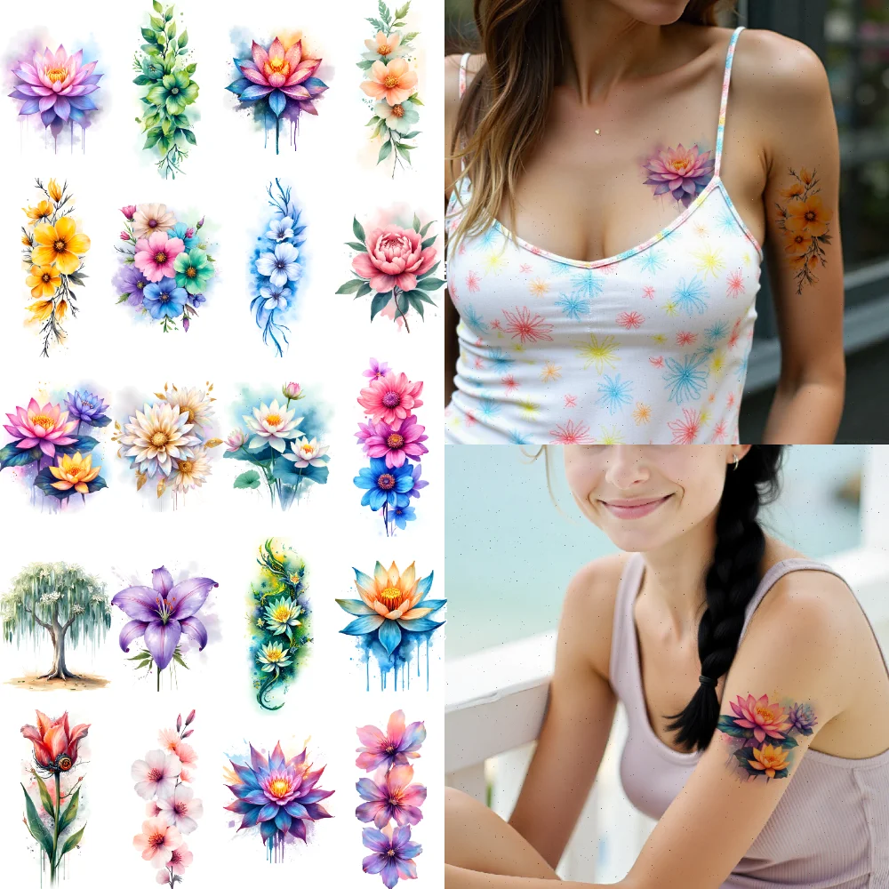 

12pcs Temporary Tattoo Blossom Patterns Temporary Tattoo Stickers Floral Designs Lotus Flower Watercolor For Ladies Arms