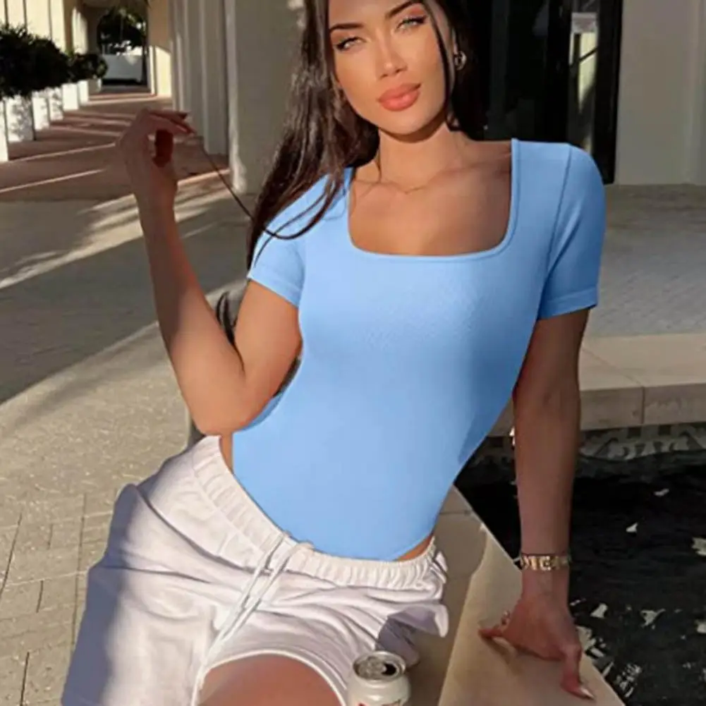 Women Solid Color Playsuit Stylish Women's Summer Bodysuit with Square Neck Short Sleeves Tummy Control High Elasticity for Lady