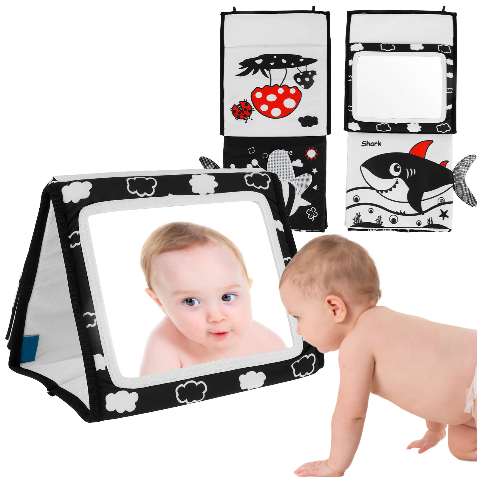 Foldable Activity Soft Book For Toddlers Tummy Time Baby Mirror Toys with 8 Pages Cloth Books Visual Development Newborn Toys