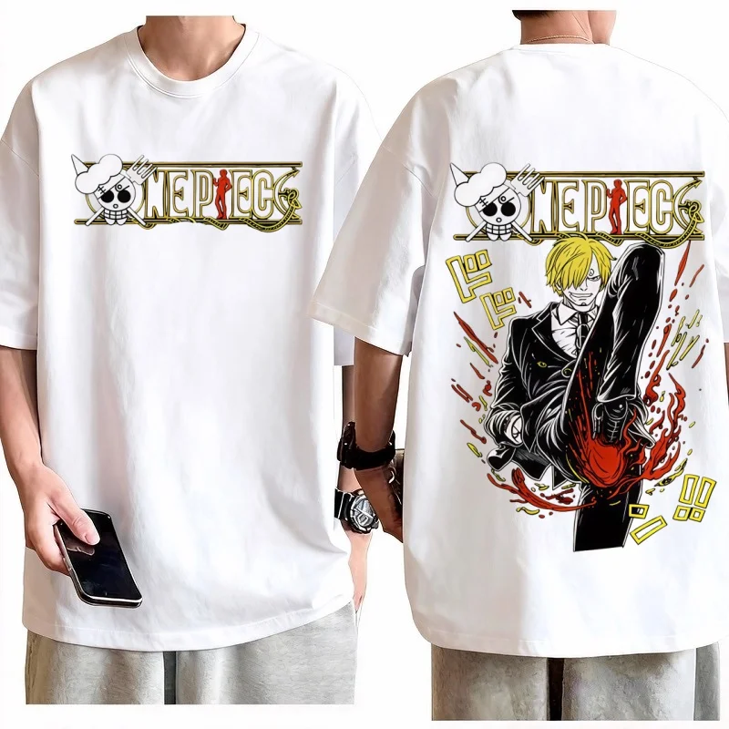 2026 원피스 상디 킥 티셔츠 남성용 100% 코튼 애니메이션 그래픽 티셔츠 레귤러 핏 반팔 캐주얼 스트리트웨어 탑
