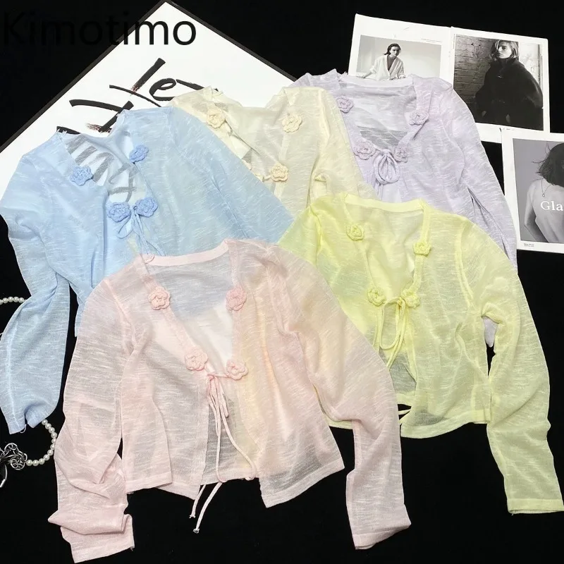 

Kimotimo Sweet 3D Flowers Lace Up Knitted Cardigan Women Thin Long Sleeve Shawl Coats Korean Simple Sweet Transparent Crop Top