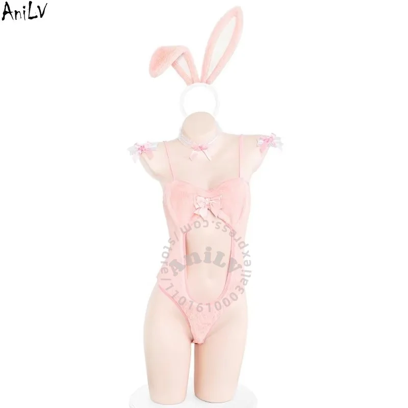 

AniLV Sweet Bunny Girl Pink Plush Bodysuit Erotic Pajamas Maid Uniform Role Play Temperament Lingerie Outfits Costume