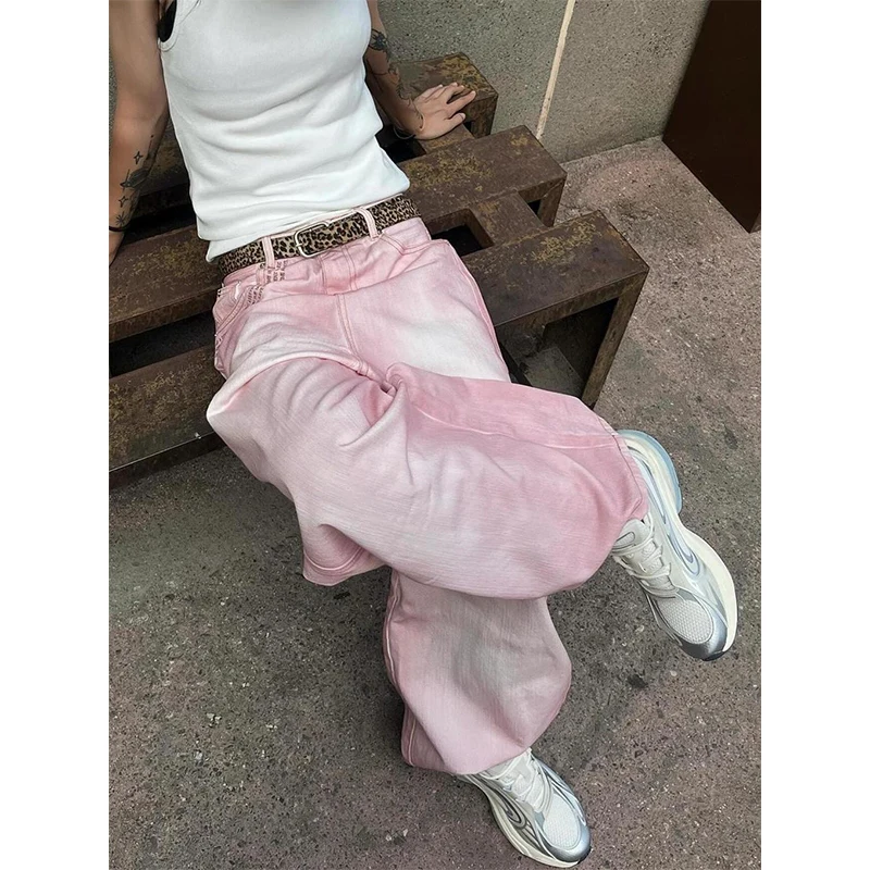 

Women's Pink Jeans High Waist Vintage Design Hip Hop Straight Baggy Denim Pants Street Y2K American Style Wide Leg Denim Trouser