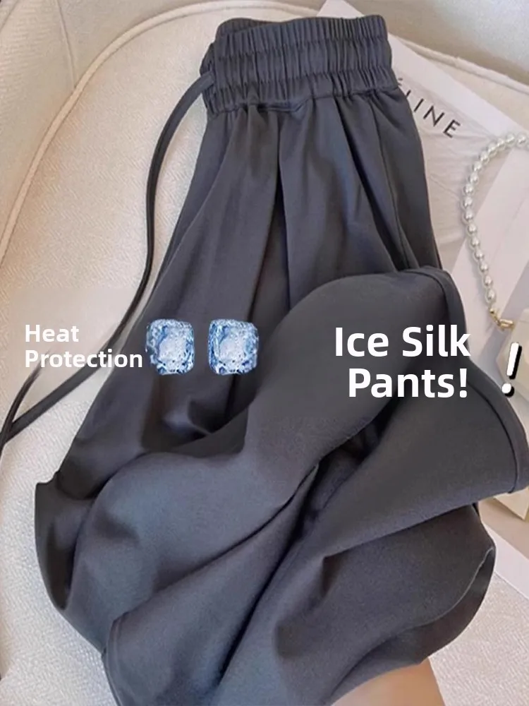 

Plus Size Ice Silk Wide Leg Pants Women's Casual Trousers Summer New Sle High Waist Long Pants Comfortable Loose Fit plus Siz...
