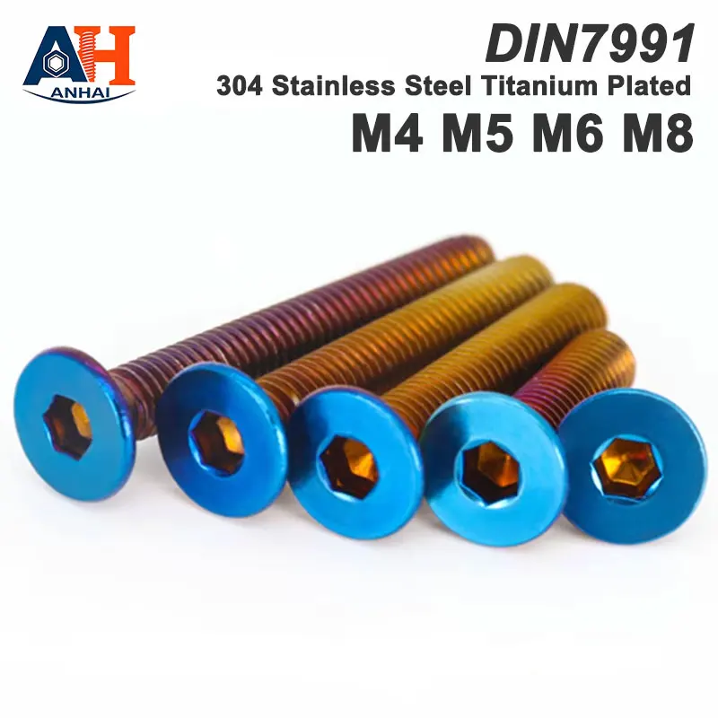 DIN7991 M4 M5 M6 M8 304 Stainless Steel with Titanium Plated Blue Flat Head Hex Socket Countersunk Head Screw