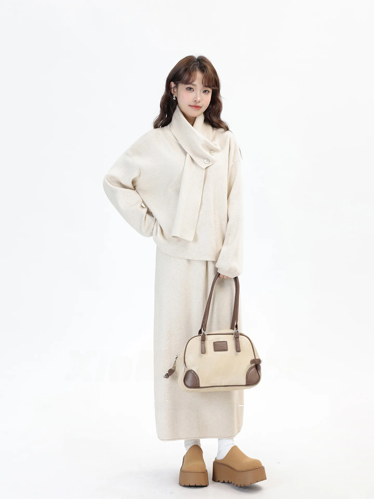 

Мягкий уютный корейский вязаный свитер, шарф, комплект из двух предметов, осень-зима, Новое поступление, струящаяся юбка, модный теплый ансамбль