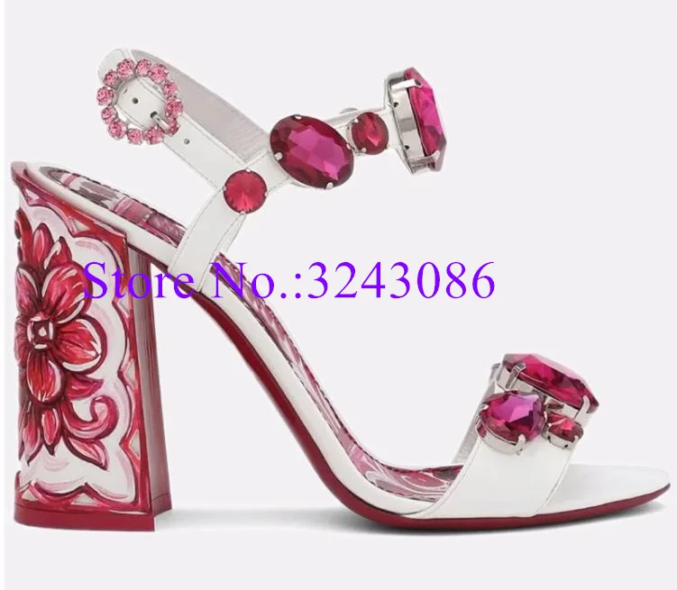 New Crystal Chunky Heel Sandals Woman Fashion Mixed Color Diamond Beach Sandals Sexy Lady Banquet Shoes Dropship