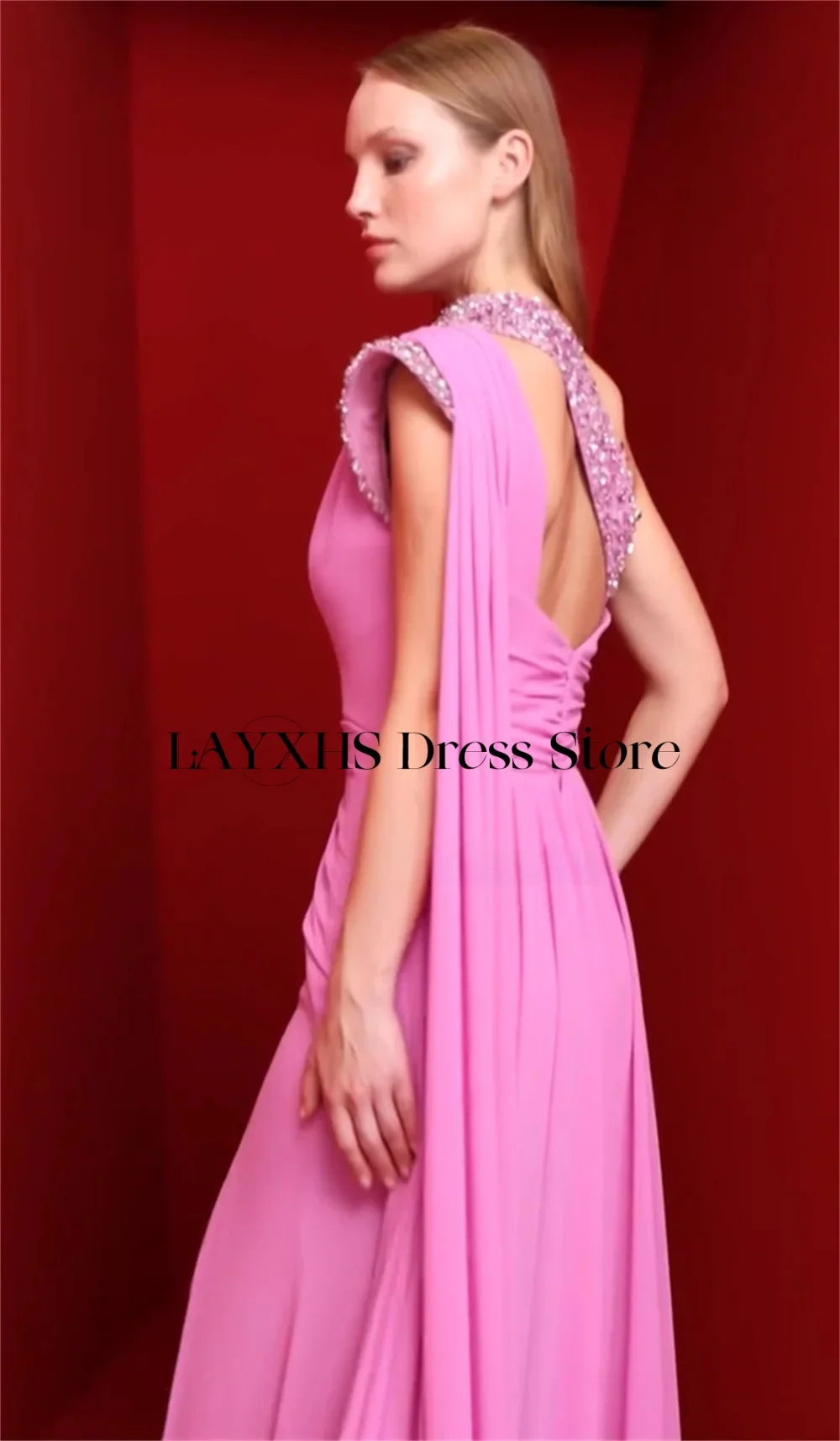 LAYXHS Moda Vestidos de Noite de Um Ombro Rosa Sereia Frisada Fenda Lateral Vestidos de Baile Personalizados فساتmavera