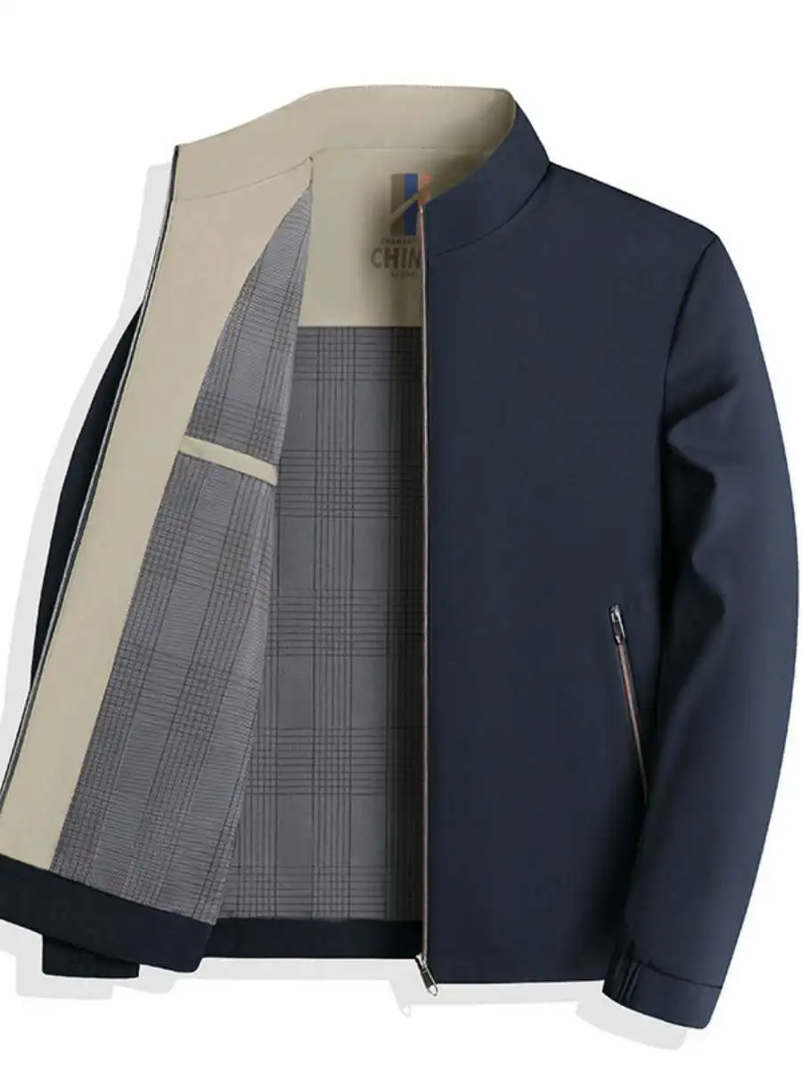 New Men's Stand Collar Casual Trendy Korean Style Jacket Pure Color Simple Outerwear Top Polyester Long Sleeve Autumn Jacket