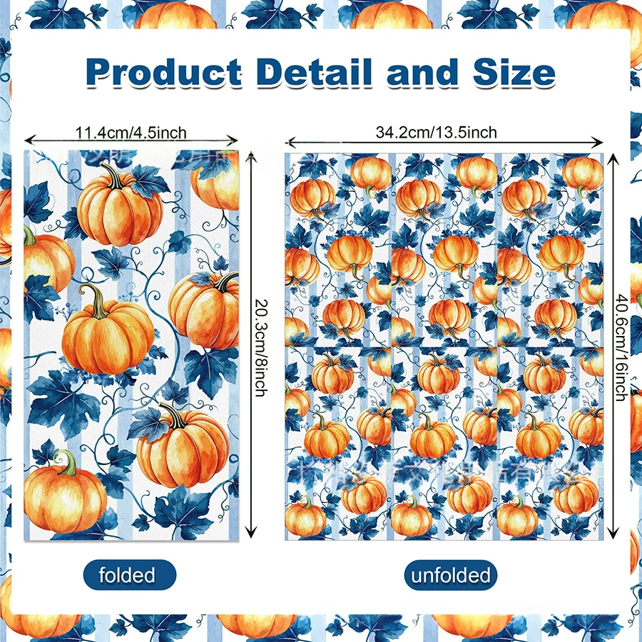 20Pcs Blue Striped Pumpkin Print Disposable Paper Napkins for Fall Thanksgiving Party DIY Decoupage Table Decor