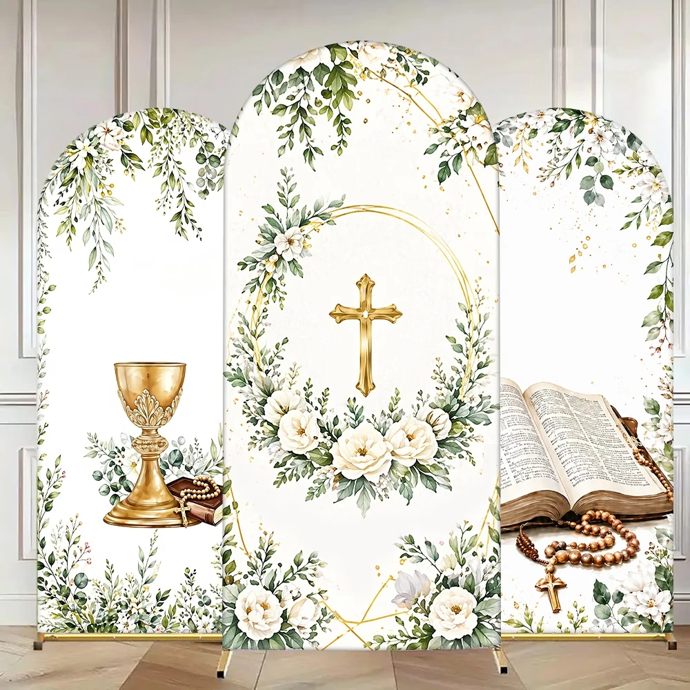 Holy Communion Party Chiara Arch Backdrop Cover Cross Chalice Greenery Floral My Baptism Background Photo Shoot Decorations