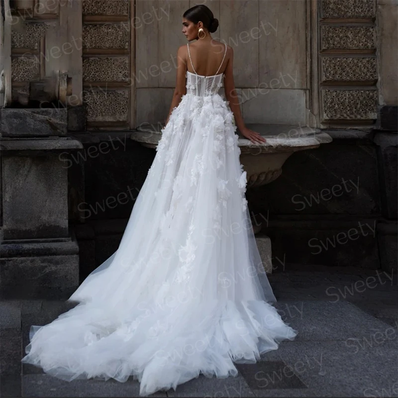 Sexy Slit A Line Wedding Dress Organza With Embroidery 3d Flower A-Line Ball Gown Sleeveless Square Collar Bridal Dress Zipper