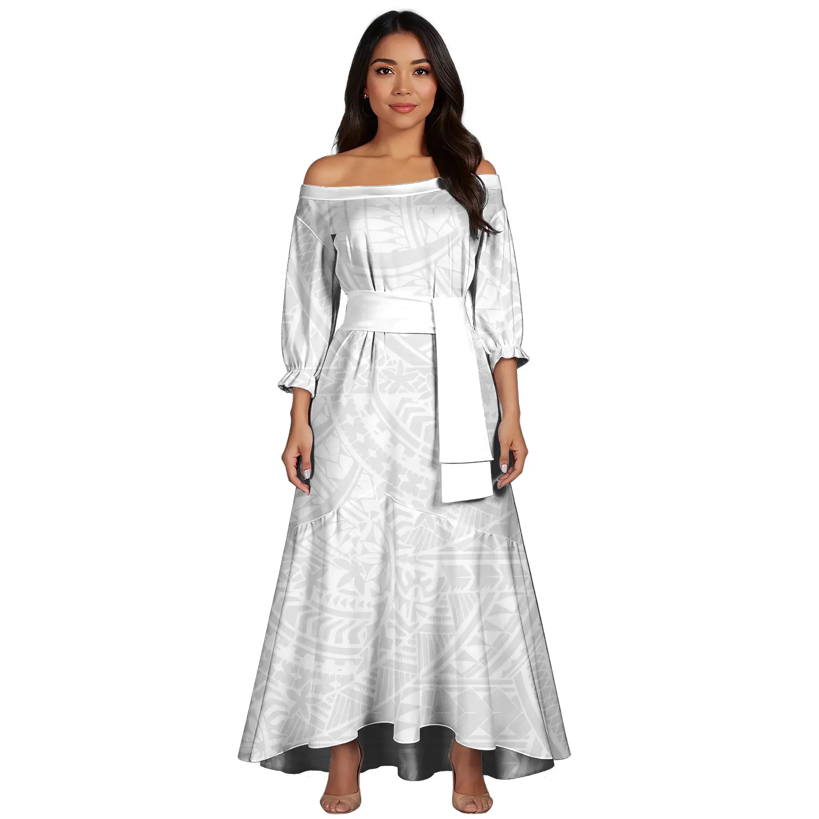 New White Polynesian Samoa Tribal Print Trumpet Mermaid Dress Custom Ladies Off Shoulder Casual Evening Dresses