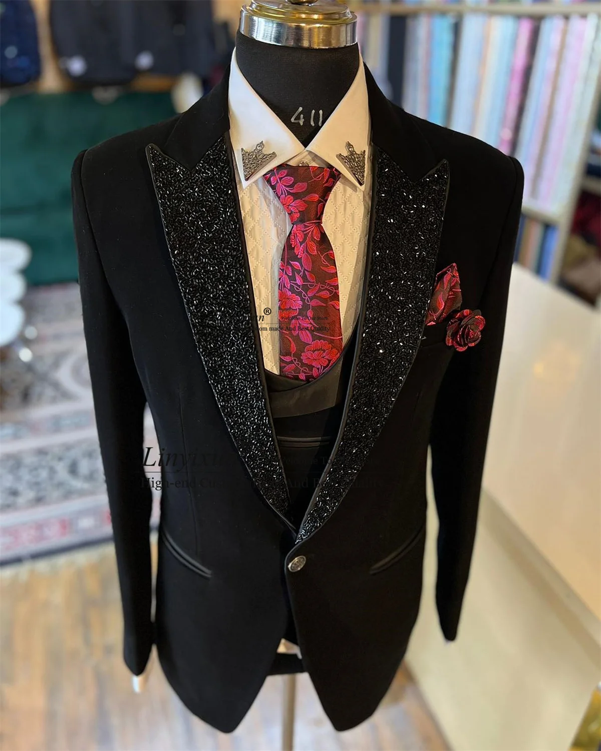 Black Men Suits Luxury Beaded Crystals Lapel Groom Tuxedos For Wedding Male Party Prom Blazer 3 Pieces Sets Slim Costume Homme