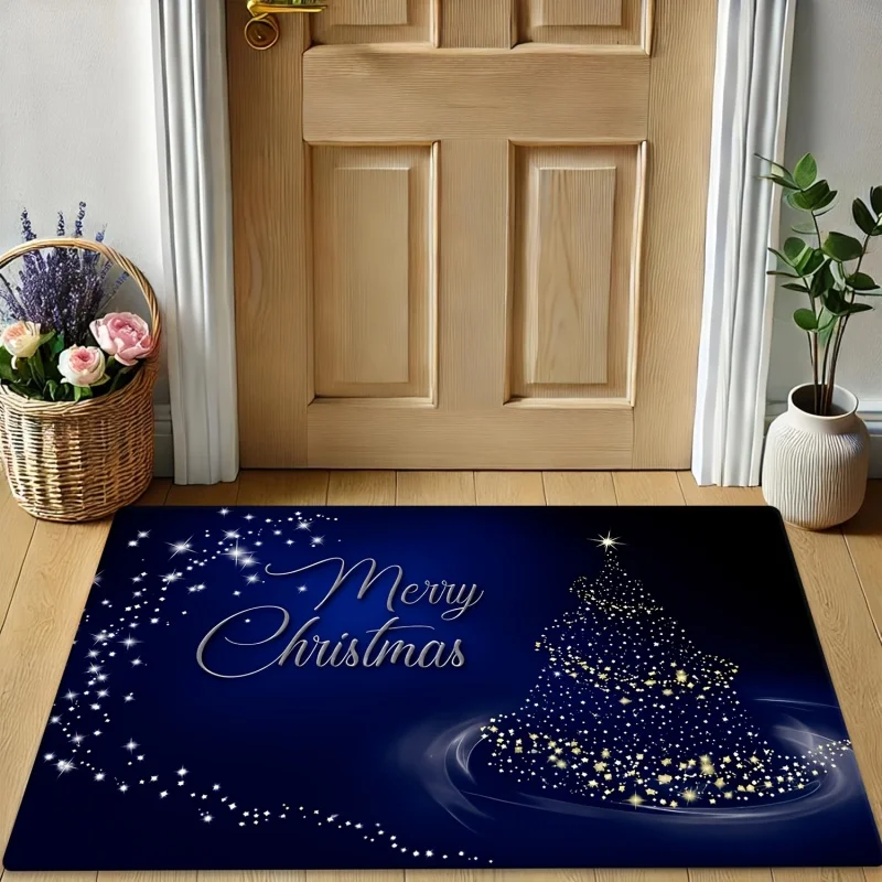 Green Wreath Bow Christmas Doormat, Golden Frame Berry Wreath Printed Floor Rug, Indoor Entryway Xmas Decoration