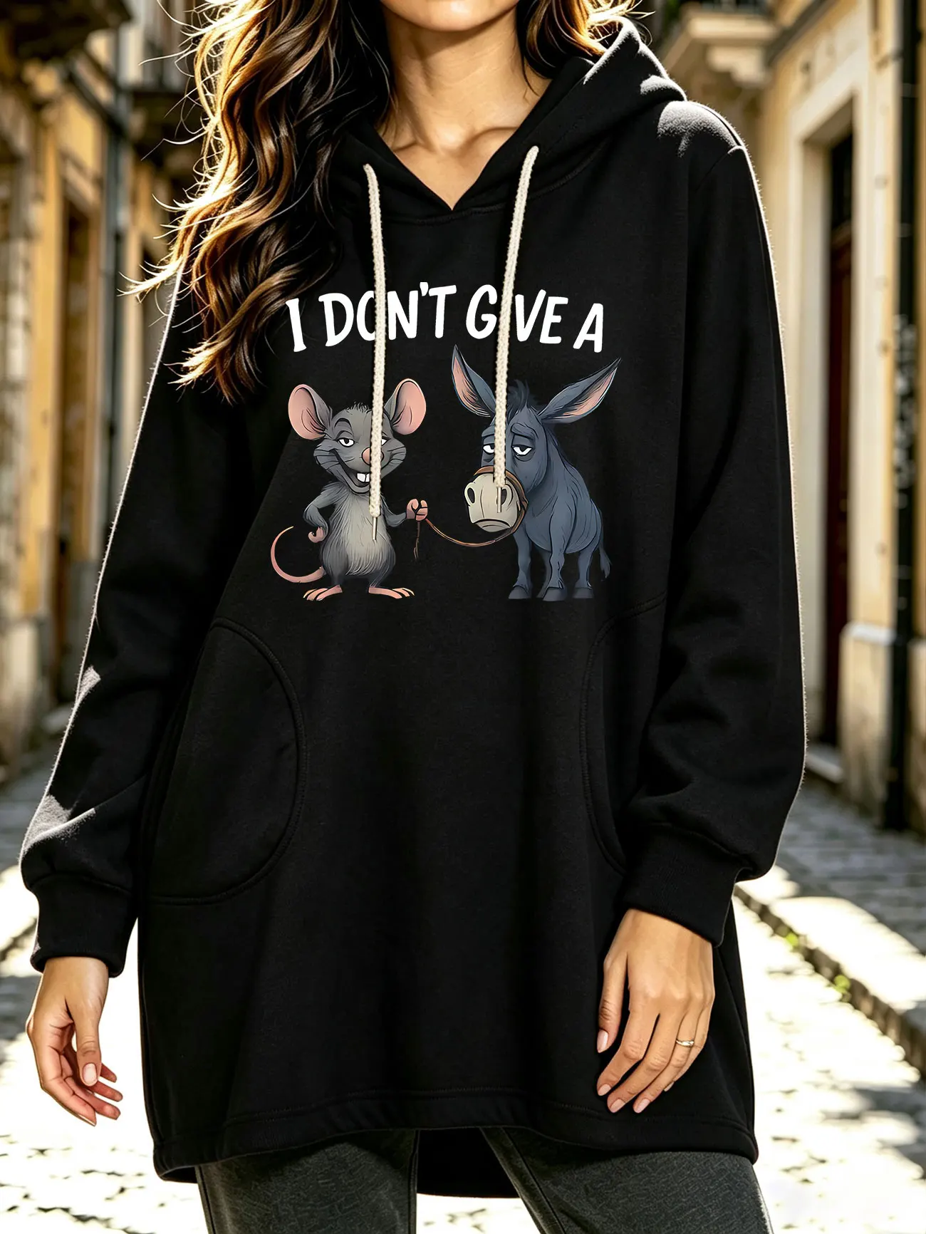 Women Autumn Winter Hoodie, Casual Hooded Pullover with Cartoon Mouse Pulling Donkey Graphic and Letter Print Tops