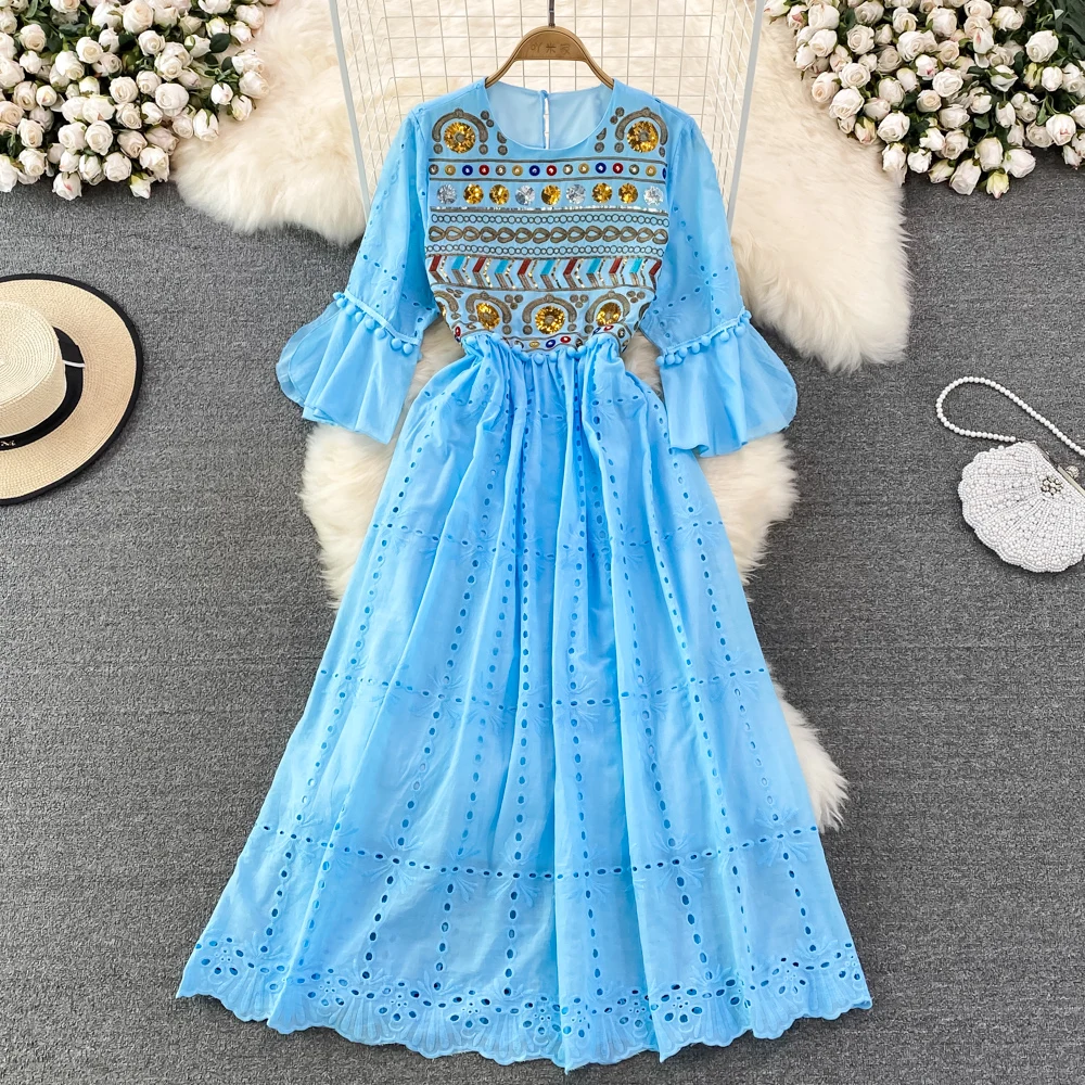 

Vintage Elegant Lace Hollow Out Summer Dress Women's Short Sleeve Crochet Embroidery Blue White Bohemian Long Dresses